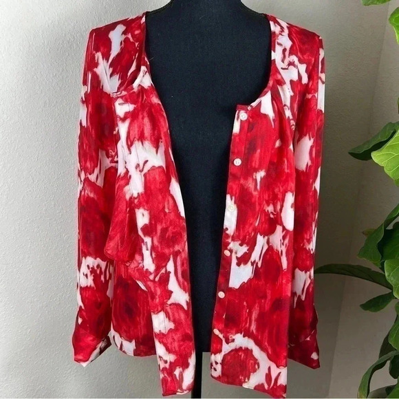 Anne Klein Red White Sheer Floral Blouse Top Size Large - Picture 5 of 12